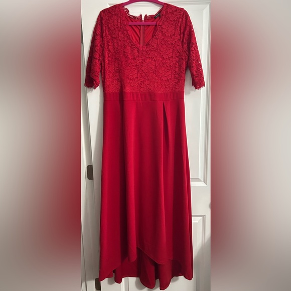 Red High Low Long Dress with V-Neck and 3/4 Sleeves. - Picture 1 of 2